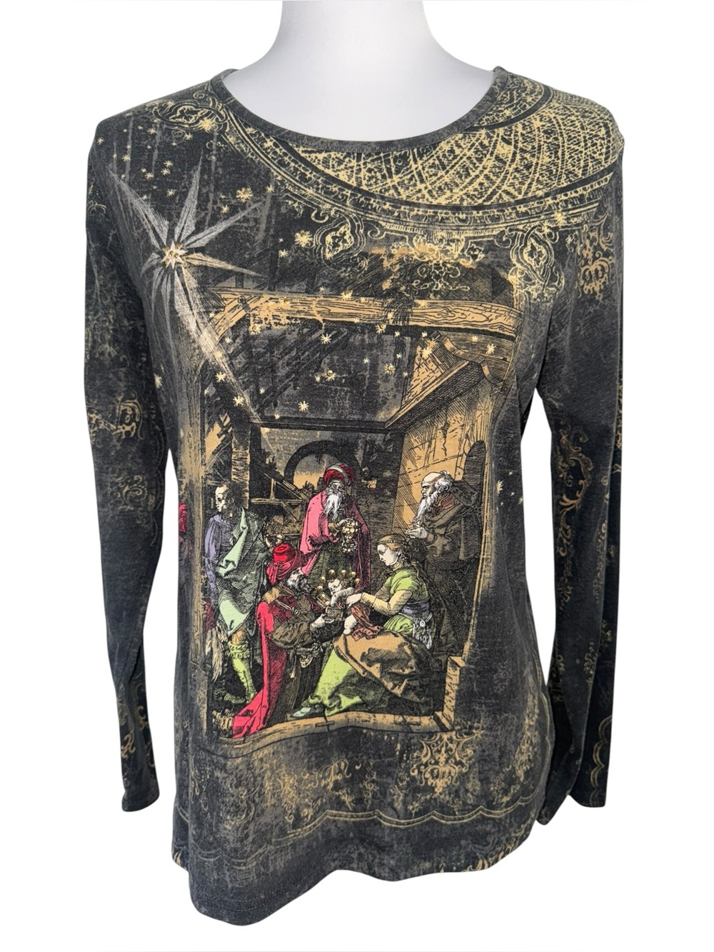 VTG Fresh Christmas Nativity Scene‎ Long Sleeve Graphic Top Black Gold Small
